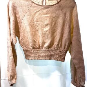 Linen Rayon Blend Beige Cropped Top Blouse Long Sleeved Smocked Elastic Waist SM